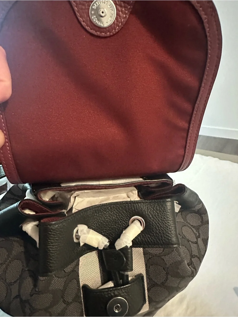 Coach Gray and Black Signature Stripe Mini Backpack